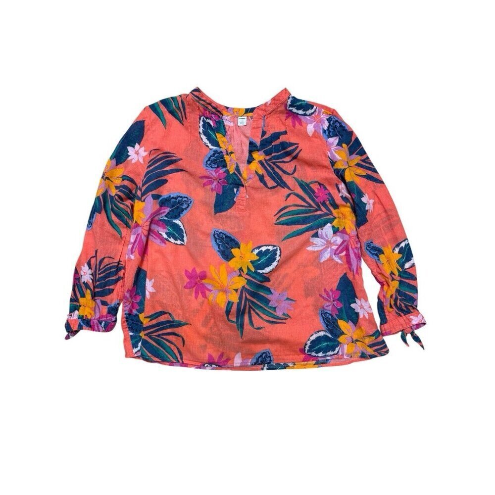 Old Navy Linen Blend Tropical Blouse L Coral Floral Top